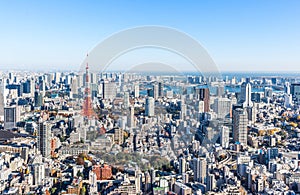 Panoramic modern city skyline aerial view under blue sky in Tokyo, Japan