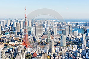 Panoramic modern city skyline aerial view under blue sky in Tokyo, Japan