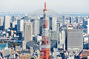 Panoramic modern city skyline aerial view under blue sky in Tokyo, Japan