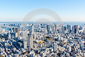 Panoramic modern city skyline aerial view under blue sky in Tokyo, Japan