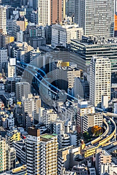 Panoramic modern city skyline aerial view under blue sky in Tokyo, Japan