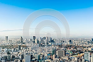 Panoramic modern city skyline aerial view under blue sky in Tokyo, Japan