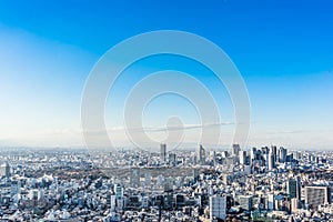 Panoramic modern city skyline aerial view under blue sky in Tokyo, Japan