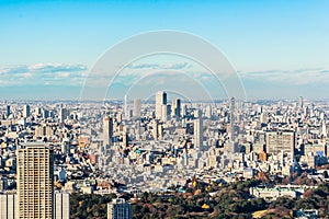Panoramic modern city skyline aerial view under blue sky in Tokyo, Japan