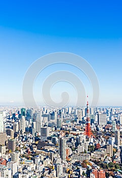 Panoramic modern city skyline aerial view under blue sky in Tokyo, Japan