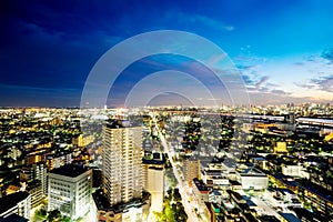 Panoramic modern city skyline bird eye aerial night view in Tokyo, Japan