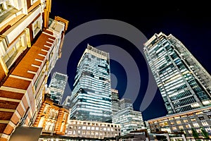 Panoramic modern city skyline bird eye aerial night view in Tokyo Station, Japan