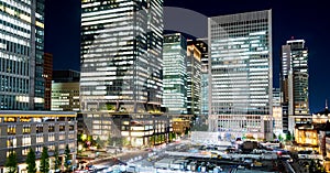 Panoramic modern city skyline bird eye aerial night view in Tokyo Station, Japan