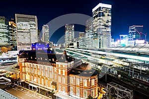 Panoramic modern city skyline bird eye aerial night view in Tokyo Station, Japan