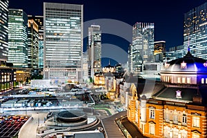 Panoramic modern city skyline bird eye aerial night view in Tokyo Station, Japan