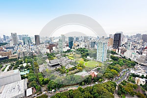 Panoramic modern city skyline bird eye aerial view with zojo-ji temple shrine from tokyo tower under dramatic sunrise and morning