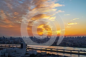 Panoramic modern cityscape building bird eye aerial view with Mount Fuji under sunrise and morning blue bright sky in Tokyo,Japan