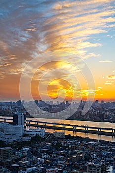 Panoramic modern cityscape building bird eye aerial view with Mount Fuji under sunrise and morning blue bright sky in Tokyo,Japan