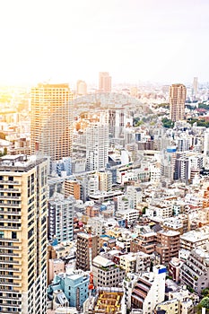 Panoramic modern cityscape building bird eye aerial view from tokyo tower under sunrise and morning blue bright sky in Tokyo, Japa