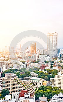 Panoramic modern cityscape building bird eye aerial view from tokyo tower under sunrise and morning blue bright sky in Tokyo, Japa