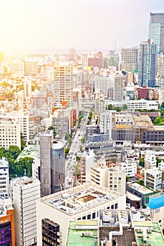 Panoramic modern cityscape building bird eye aerial view from tokyo tower under sunrise and morning blue bright sky in Tokyo, Japa