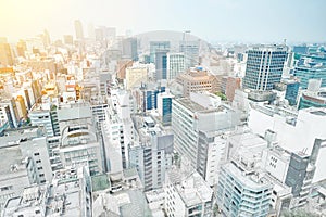 Panoramic modern cityscape building view of Nagoya, Japan. mix hand drawn sketch illustration