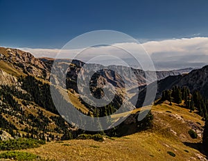 Panoramic Moldo-Ashuu pass aka Ak Tala near Kurtka, Naryn. Kyrgyzstan