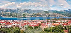 Panoramic morning cityscape of Argostolion town, former municipality on the island of Kefalonia, Ionian Islands, Greece. Beautiful