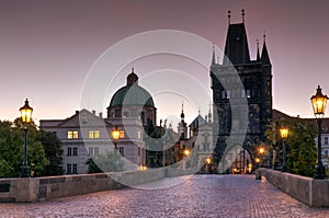 Panoramic morning view along Charles Bridge towards Old Town - Prague, Czech