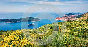 Panoramic morning view of Dubrovnik city. Marvelous summer scene of Croatia, Europe. Beautiful world of Mediterranean countries. T