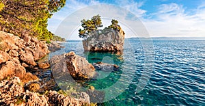 Panoramic morning view of famous Brela stone. Splendid summer seascape of Adriatic sea, Dalmatian coast, Croatia, Europe. Beautifu