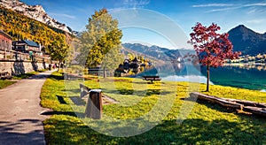 Panoramic morning view of Grundlsee village. Sunny autumn view of Eastern Alps, Liezen District of Styria, Austria, Europe. Splend