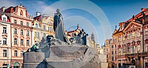 Panoramic morning view of Jan Hus monument - large stone and bronze memorial sculpture depicting a famous martyr photo