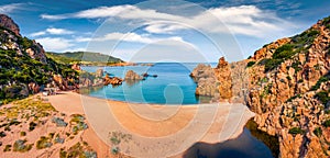 Panoramic morning view of Li Cossi beach. Exciting spring scene of Costa Paradiso, Sardinia island, Italy,