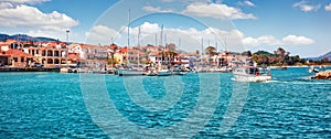 Panoramic morning view of Lixouri port. Splendid spring seascape of Ionian Sea. Sunny outdoor scene of Kefalonia island. Traveling