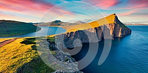 Panoramic morning view of Sorvagsvatn lake, Vagar, Faroe Islands, Denmark, Europe. Exciting summer seascape of Atlantic Ocean. Bea