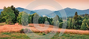 Panoramic morning view of the valley of Lacul Dragan lake, Cluj County, Romania. Stunning summer sunrise on Apuseni Mountains. Bea