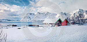 Panoramic morning view of Vestvagoy island with colorful building photo