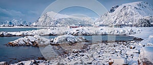 Panoramic morning view of Vestvagoy island, Norway, Europe.