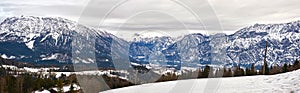 Panoramic mountain landscape of Hallstatt lake at ranny day in Austrian Alps, Salzkammergut region