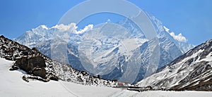 Panoramic Mountain Landscape in Himalaya. View to Machapuchare Top, Fish Tail Peak.