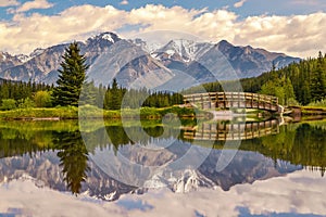 Panoramic Mountain Reflections On A Park Lake
