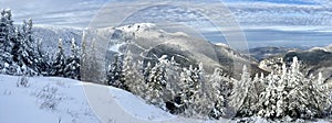 Panoramic mountain view of beautiful mountain peaks at snow day on the top of Stowe Mountain Ski resort