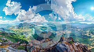 Panoramic mountain vista with expansive blue sky