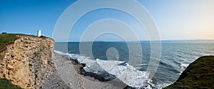 Panoramic Nash Point Lighthouse, Vale of Glamorgan, cliff edge view over looking sea