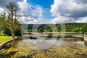 Panoramic nature landscape of Lake Echternach with algae on water surface