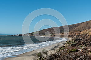 Panoramic Nicholas Canyon Beach vista in the aftermath of the Woolsey Fires, Malibu