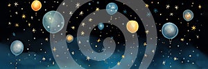 Panoramic night sky banner background, with planets take on form of balloons. Panoramic web header. Wide screen