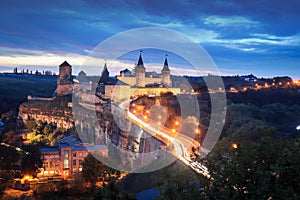 Night view of ancient fortress castle in Kamianets-Podilskyi, Khmelnytskyi Region, Ukraine. Old Ã¯Â¿Â½astle photo on a