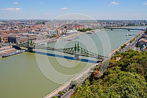 Panoramic night view of Budapest from Gellert Hill. Danube River, Chain Bridge, Buda and Pest views. Budapest