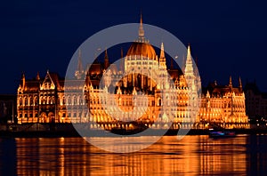 Night panorama of the Hungarian Parliament in Budapest at blue hour