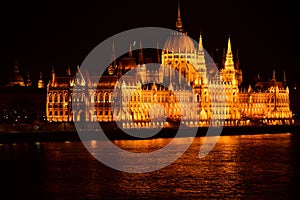 Night panorama of the Hungarian Parliament in Budapest at blue hour