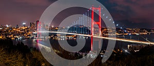 Panoramic Night view of Istanbul bridge