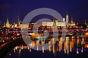 Panoramic night view of Moscow Kremlin, Russia.