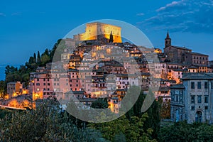 Panoramic night view of Soriano nel Cimino, beautiful city in the Province of Viterbo, in the Lazio region of Italy.